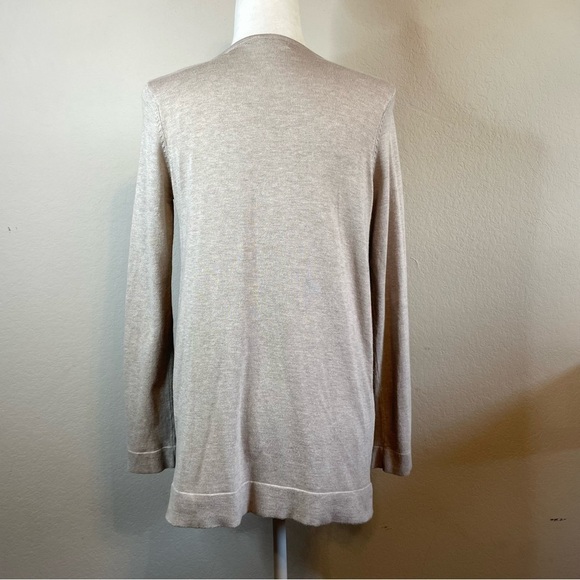 Zara Knit Mixed Media Open Front Waterfall Cardigan Tan and Faux Black Leather - Picture 2 of 9